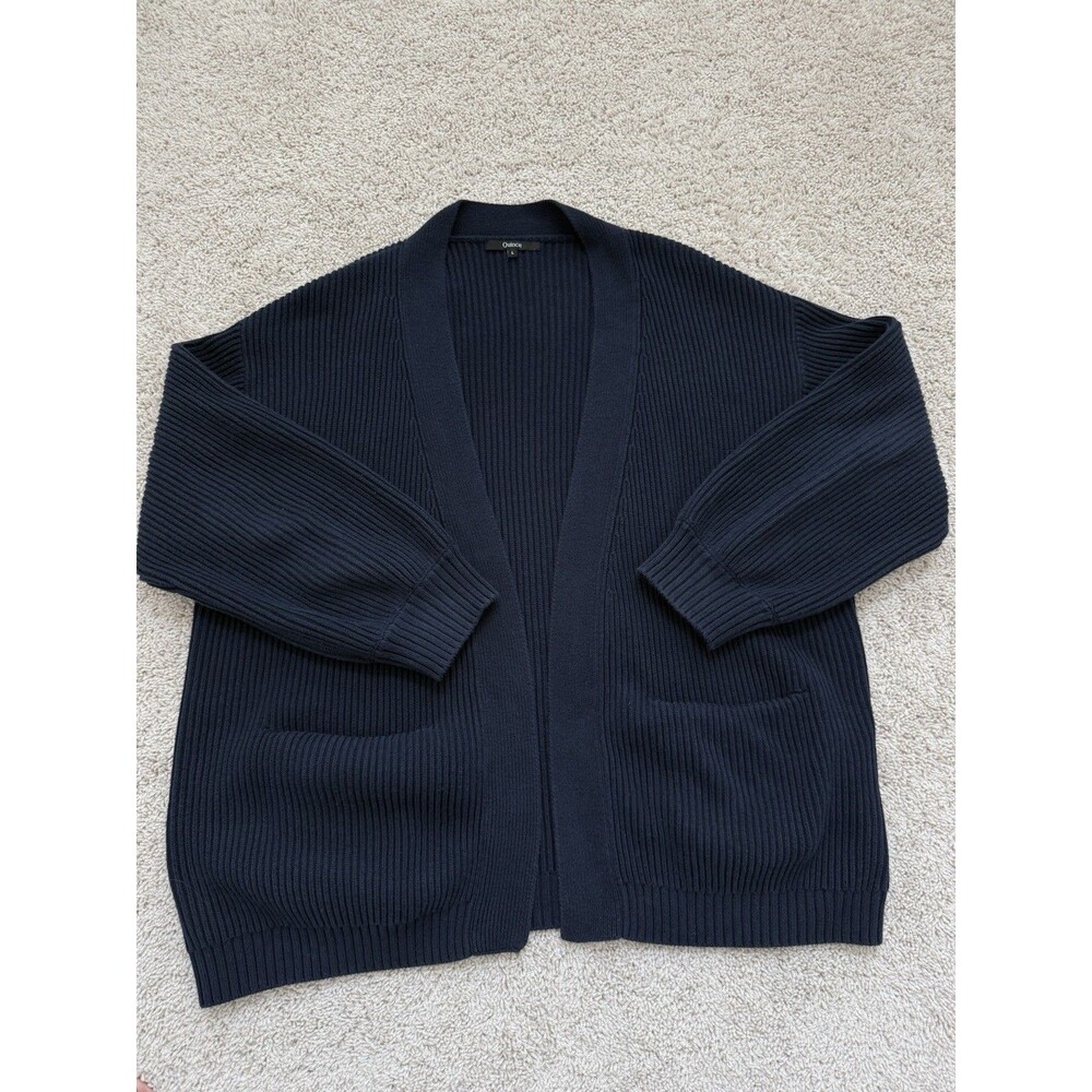 Quince Organic Cotton Oversized Cardigan Navy Blue Large Ribbed Knit Fisherman